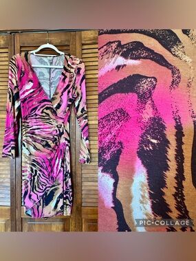 Caché faux wrap ruched long sleeve animal print pink and tan dress